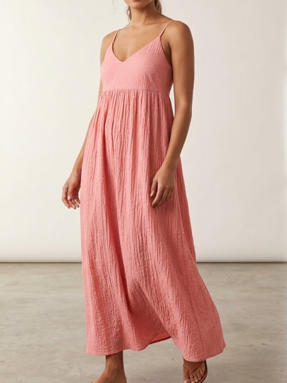 Pink Crinkle Cotton Babydoll Spaghetti Strap Maxi Dress Sz XS Boho Coquette